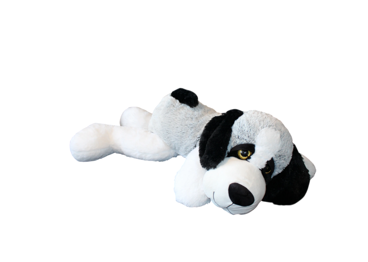 Liggende plys hund, 100 cm, Hvid/grå hund